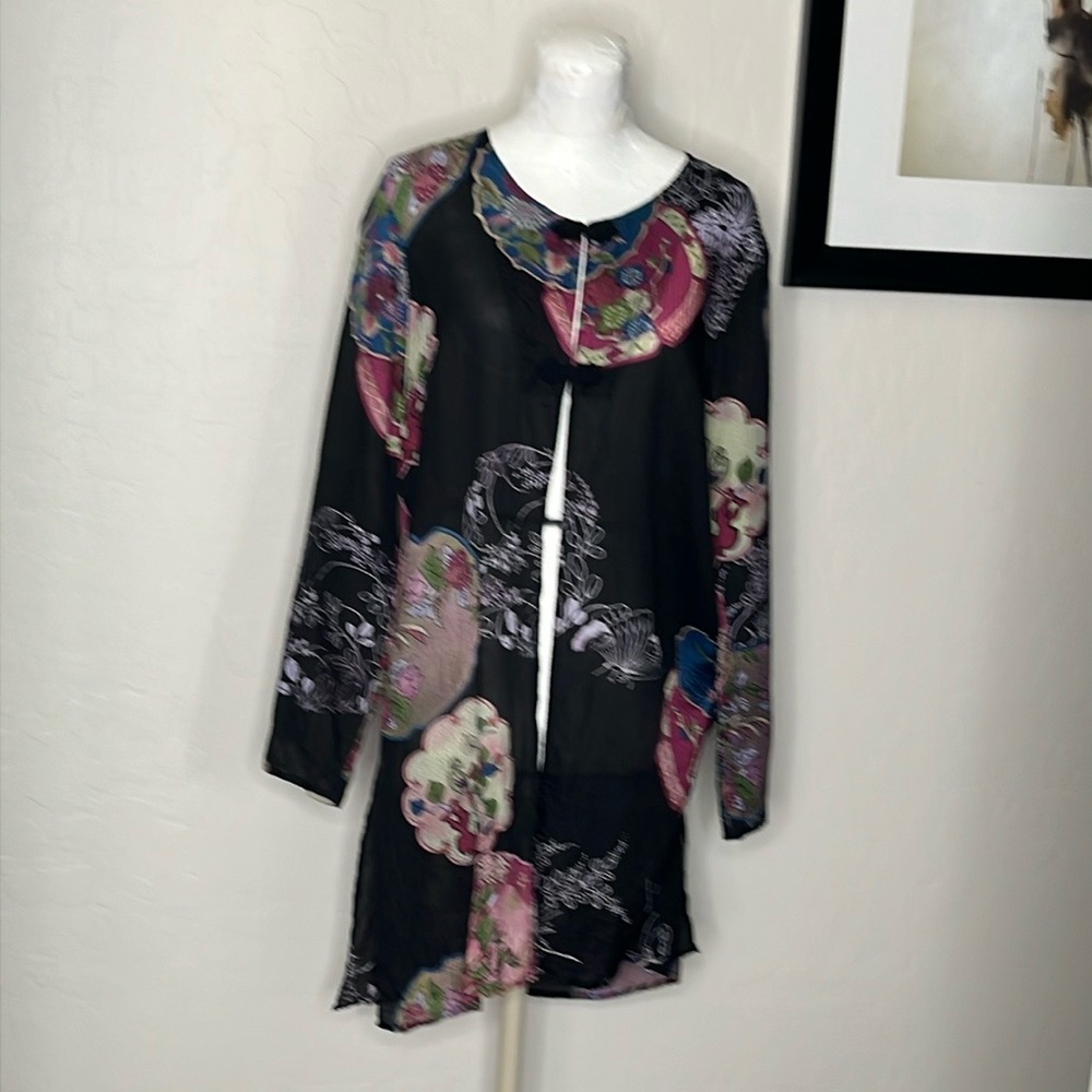 CITRON Floral Embroidered Black Silk Tunic Top